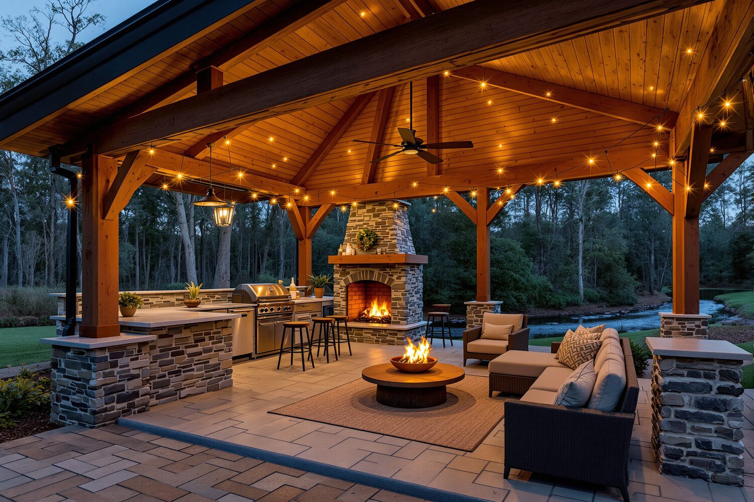 Covered outdoor kitchen at dusk