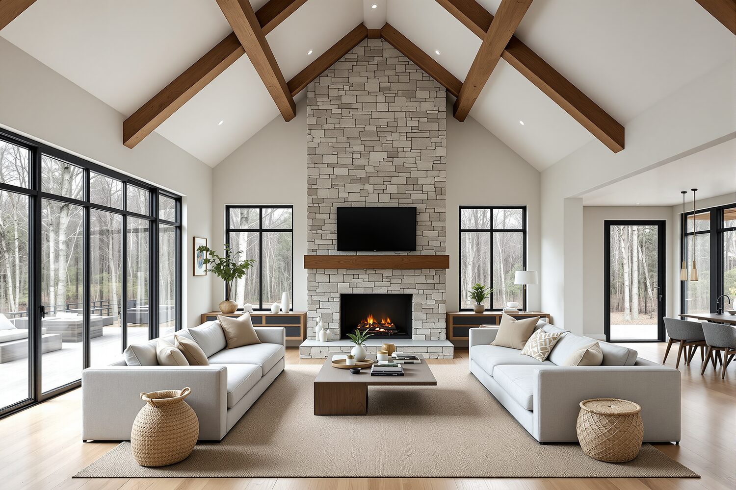 Vaulted great room with timber beams and stone fireplace